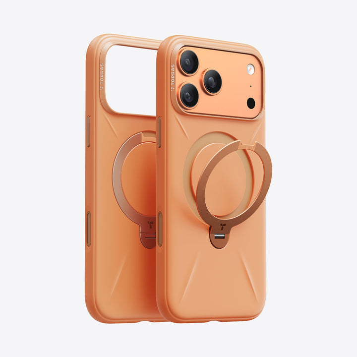 TORRAS Ostand Q3 orange silicone iPhone 17 Pro Max case with magnetic stand ring