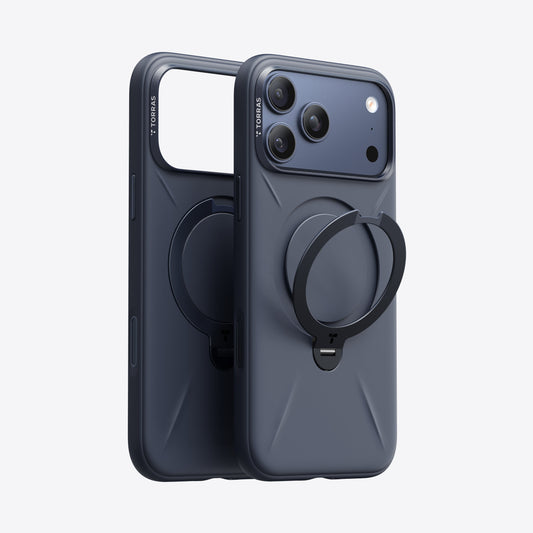TORRAS Ostand Q3 dark blue silicone case for iPhone 17 Pro with ring stand