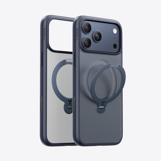 Dark blue TORRAS Ostand Q3 Spin case for iPhone 17 Pro Max with integrated magnetic stand.