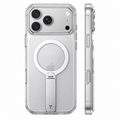 TORRAS LPro clear magnetic stand case, rear and side views on a silver phone