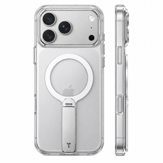 TORRAS LPro clear magnetic stand case, rear and side views on a silver phone