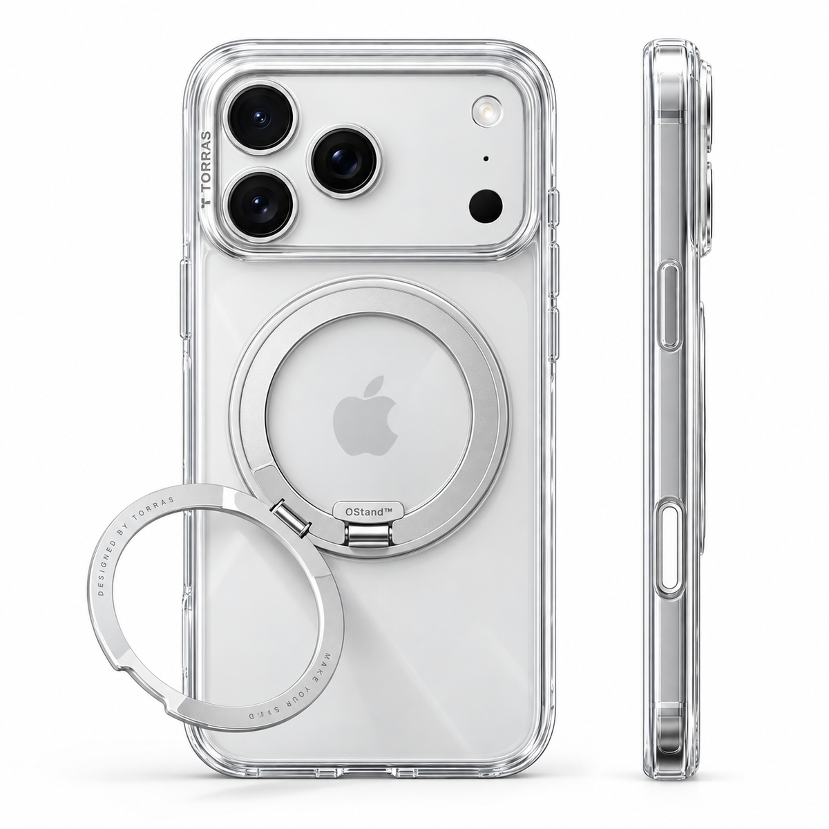 O1S clear case on Silver phone, rear and side views