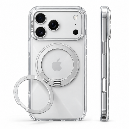O1S clear case on Silver phone, rear and side views