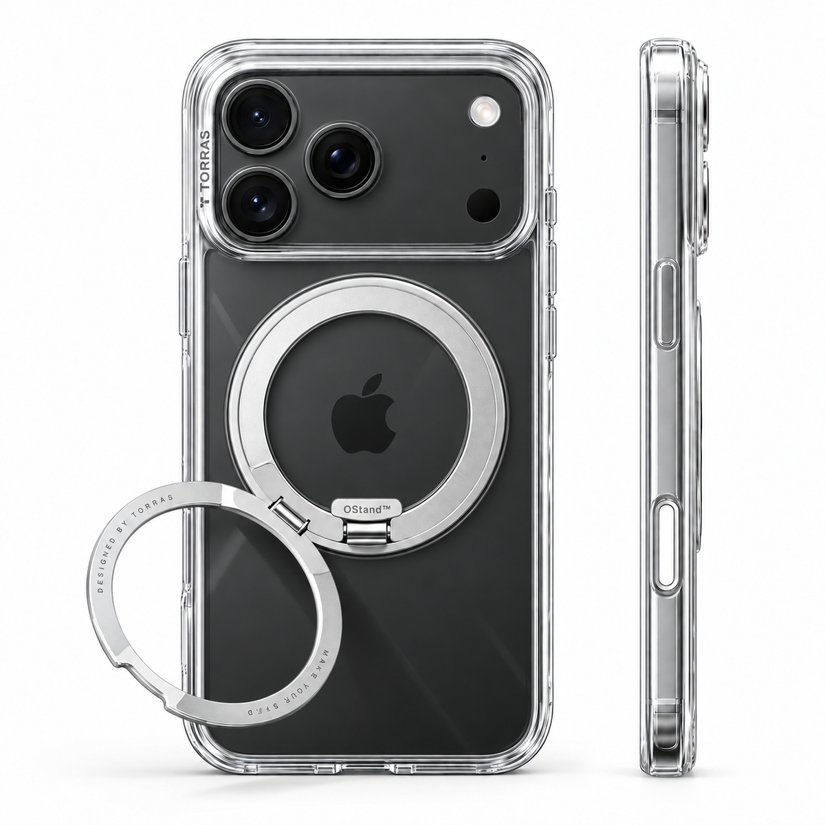 O1S clear case on Deep Black phone, rear and side views