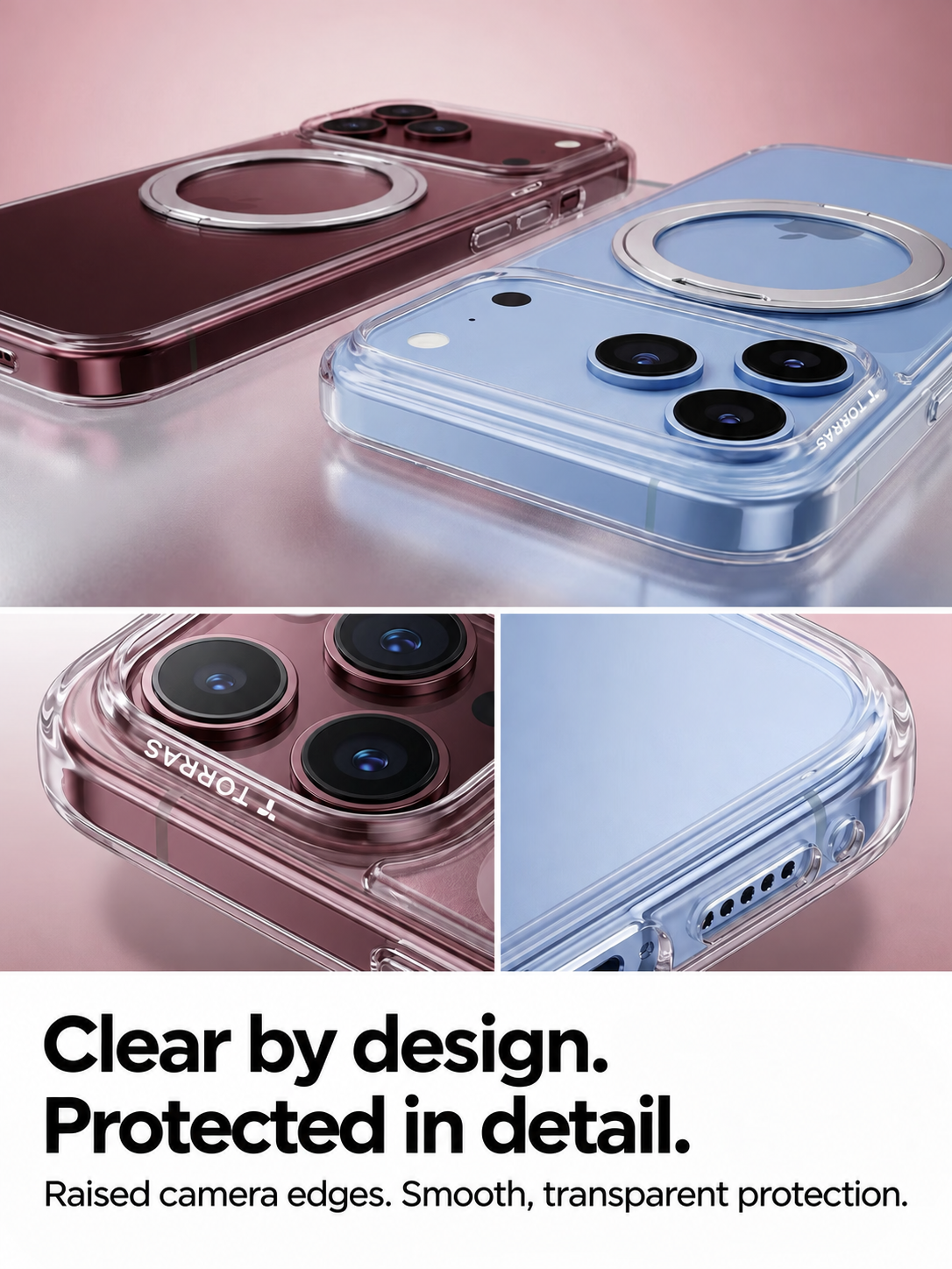 O1S transparent case details and raised camera protection